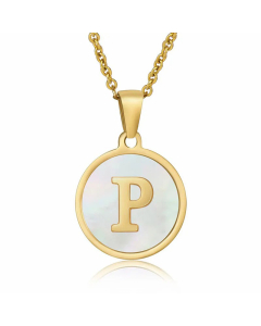 Fashion Round Letter Shell Inlaid Stainless Steel Plating Necklace -White-P