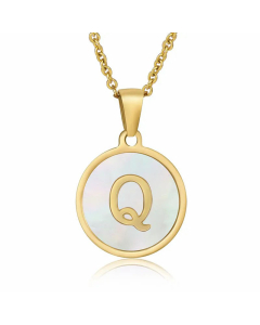 Fashion Round Letter Shell Inlaid Stainless Steel Plating Necklace -White-Q