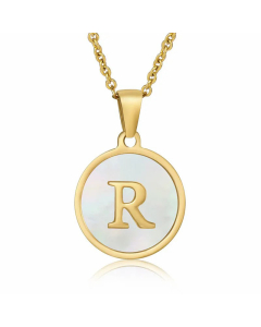 Fashion Round Letter Shell Inlaid Stainless Steel Plating Necklace -White-R