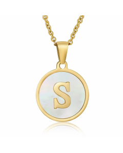 Fashion Round Letter Shell Inlaid Stainless Steel Plating Necklace -White-S