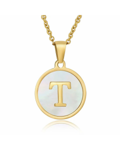 Fashion Round Letter Shell Inlaid Stainless Steel Plating Necklace -White-T