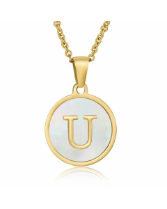 Fashion Round Letter Shell Inlaid Stainless Steel Plating Necklace -White-U