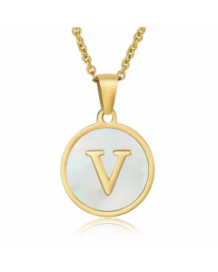 Fashion Round Letter Shell Inlaid Stainless Steel Plating Necklace -White-V
