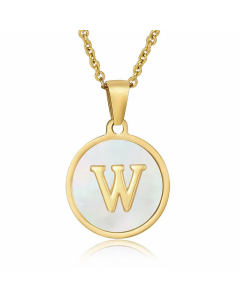 Fashion Round Letter Shell Inlaid Stainless Steel Plating Necklace -White-W