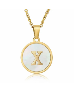 Fashion Round Letter Shell Inlaid Stainless Steel Plating Necklace -White-X