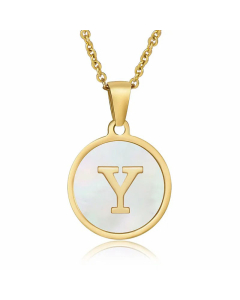 Fashion Round Letter Shell Inlaid Stainless Steel Plating Necklace -White-Y