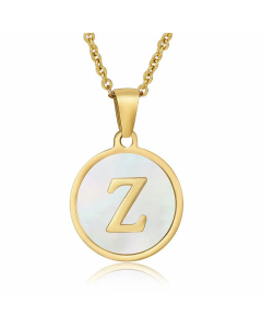 Fashion Round Letter Shell Inlaid Stainless Steel Plating Necklace -White-Z