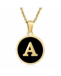 Fashion Round Letter Shell Inlaid Stainless Steel Plating Necklace -Black-A