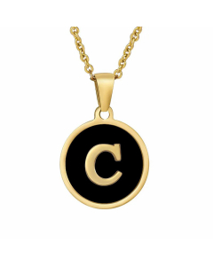Fashion Round Letter Shell Inlaid Stainless Steel Plating Necklace -Black-C