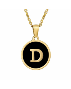 Fashion Round Letter Shell Inlaid Stainless Steel Plating Necklace -Black-D