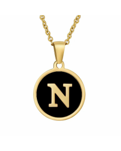 Fashion Round Letter Shell Inlaid Stainless Steel Plating Necklace -Black-N
