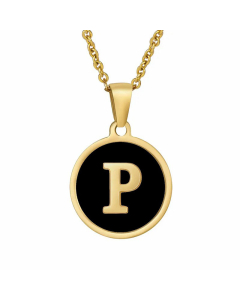Fashion Round Letter Shell Inlaid Stainless Steel Plating Necklace -Black-P