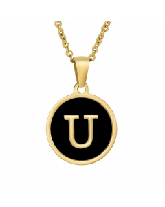Fashion Round Letter Shell Inlaid Stainless Steel Plating Necklace -Black-U