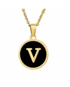 Fashion Round Letter Shell Inlaid Stainless Steel Plating Necklace -Black-V