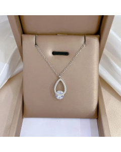 Classic Round Heart Inlay shell Titanium Steel Plating Pendant Necklace -Steel Color-02