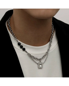 Hip-Hop Inlay Zircon Layered Square Stainless Steel Necklaces Colorza