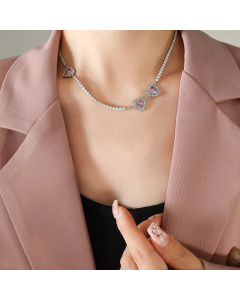 Texture Inlay Zircon Heart Shape Titanium Steel Necklace Colorza