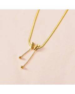 Fashion Butterfly Pearl Tassel Titanium Steel Plating Pendant Necklace Colorza -Gold Color-01