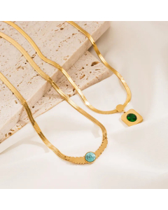 Retro Gold Plated Artificial Gemstones Turquoise Round Titanium Steel Pendant Necklace Colorza