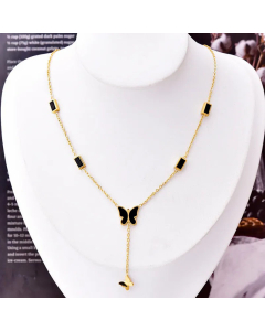 Elegant Black Shell Inlaid Butterfly Titanium Steel Plating Zircon Necklace
