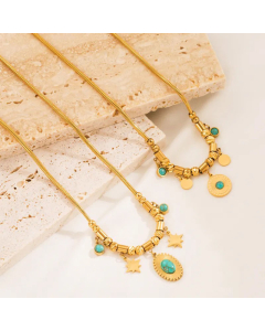 Retro Round Snake Gold Plated Turquoise Pendant Titanium Steel Necklace Colorza