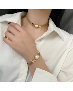 Fashion Heart Shape Plating Artificial Pearls Titanium Steel Necklace