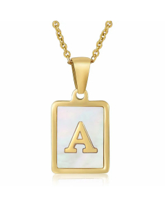 Daily Letter Square Titanium Steel Inlay Shell Pendant Necklace Colorza-White-A
