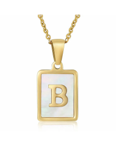 Daily Letter Square Titanium Steel Inlay Shell Pendant Necklace Colorza-White-B