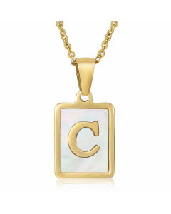 Daily Letter Square Titanium Steel Inlay Shell Pendant Necklace Colorza-White-C