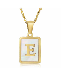 Daily Letter Square Titanium Steel Inlay Shell Pendant Necklace Colorza-White-E