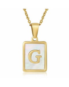 Daily Letter Square Titanium Steel Inlay Shell Pendant Necklace Colorza-White-G