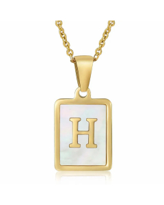 Daily Letter Square Titanium Steel Inlay Shell Pendant Necklace Colorza-White-H