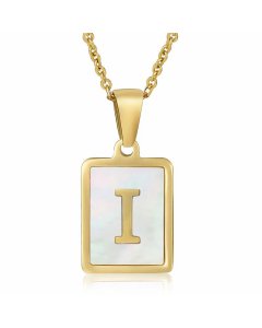Daily Letter Square Titanium Steel Inlay Shell Pendant Necklace Colorza-White-I