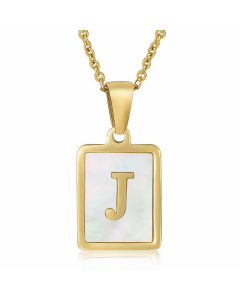 Daily Letter Square Titanium Steel Inlay Shell Pendant Necklace Colorza-White-J