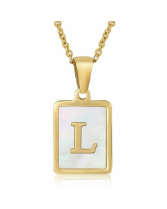 Daily Letter Square Titanium Steel Inlay Shell Pendant Necklace Colorza-White-L