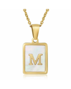 Daily Letter Square Titanium Steel Inlay Shell Pendant Necklace Colorza-White-M