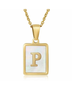 Daily Letter Square Titanium Steel Inlay Shell Pendant Necklace Colorza-White-P