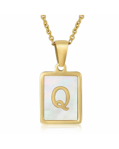Daily Letter Square Titanium Steel Inlay Shell Pendant Necklace Colorza-White-Q