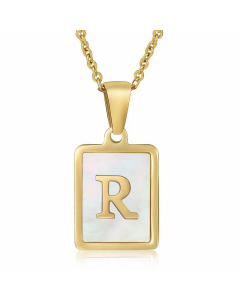 Daily Letter Square Titanium Steel Inlay Shell Pendant Necklace Colorza-White-R