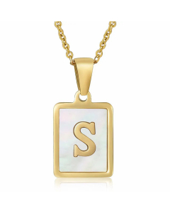 Daily Letter Square Titanium Steel Inlay Shell Pendant Necklace Colorza-White-S