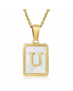 Daily Letter Square Titanium Steel Inlay Shell Pendant Necklace Colorza-White-U