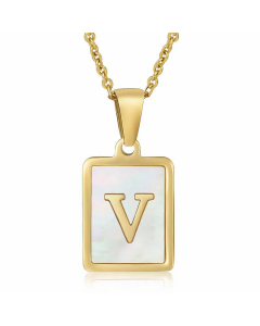 Daily Letter Square Titanium Steel Inlay Shell Pendant Necklace Colorza-White-V