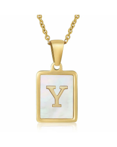 Daily Letter Square Titanium Steel Inlay Shell Pendant Necklace Colorza-White-Y