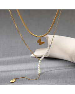 French Style Butterfly Stainless Steel Pearl Layered Necklaces Colorza