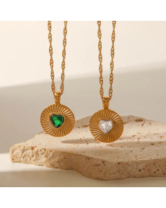 Fashion Heart Shape Zircon Inlaid Round Stainless Steel Titanium Steel Pendant Necklace