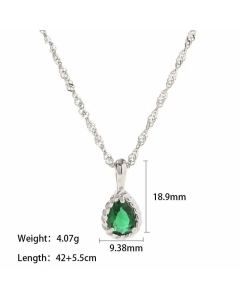 Elegant Gold Plated Zircon Water Droplets Stainless Steel Titanium Steel Pendant Necklace-Steel Color-Green