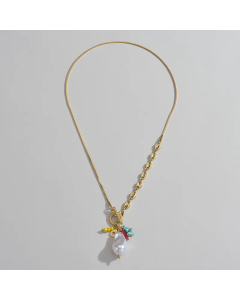 Gold Plated Artificial Pearls Sun Flower Stainless Steel Patchwork Pendant Necklace Colorza