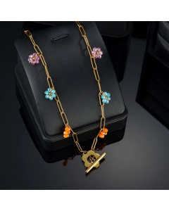 Gold Plated Artificial Pearls Sun Flower Stainless Steel Patchwork Pendant Necklace Colorza