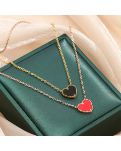 Classic Double Side Enamel Black Red Heart Shape Pendent Titanium Steel Necklace