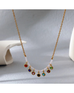 Colourful Round Zircon Inlaid Stainless Steel Tassel Necklace Colorza